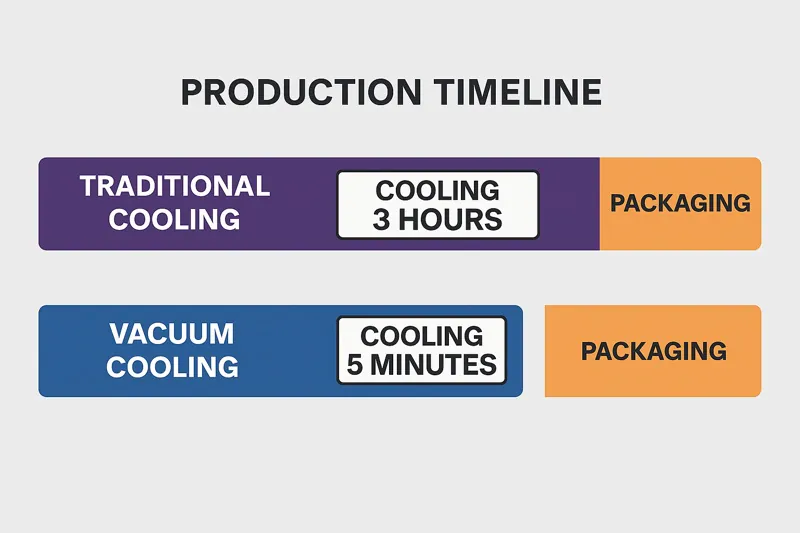 A graphic timeline comparing two production flows: the top bar shows a long 3-hour cooling block, while the bottom bar shows a tiny 5-minute block, enabling packaging almost immediately.