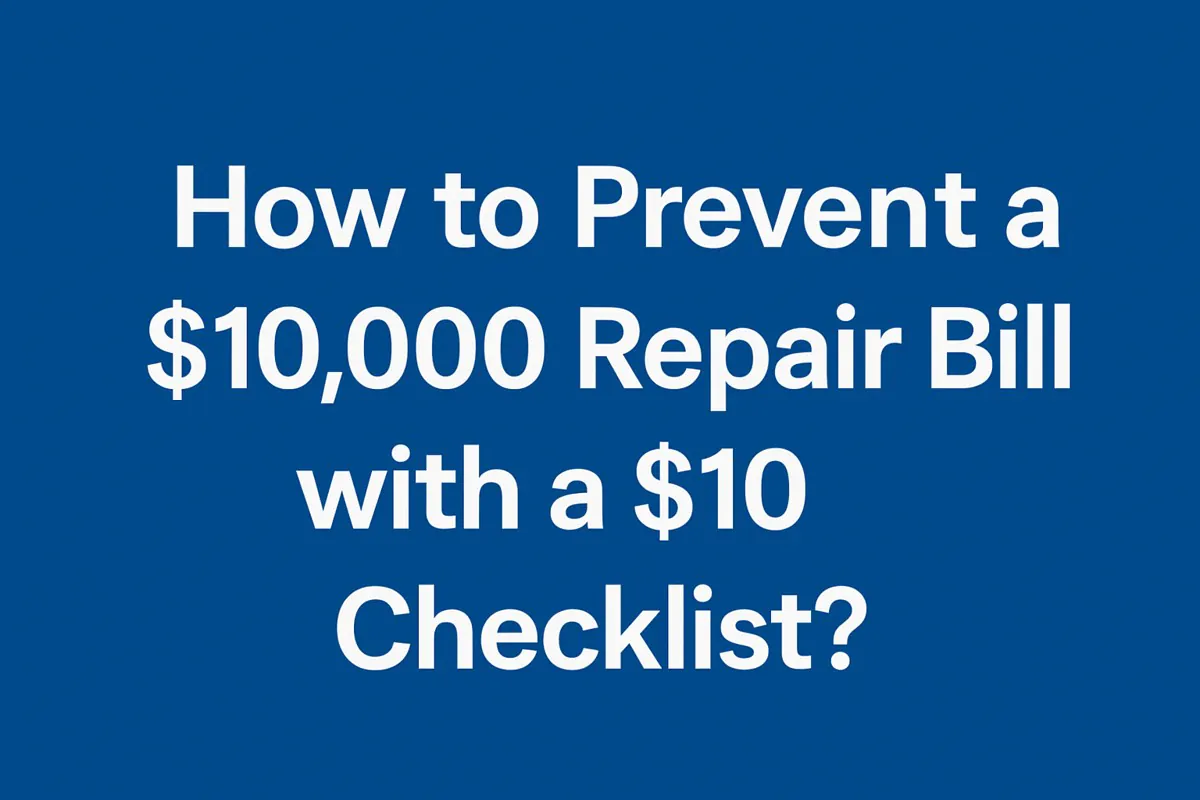 Vacuum cooler maintenance concept with bold headline ‘How to Prevent a $10,000 Repair Bill with a $10 Checklist,’ symbolizing preventive maintenance, cost savings, and smart equipment care in industrial refrigeration systems.