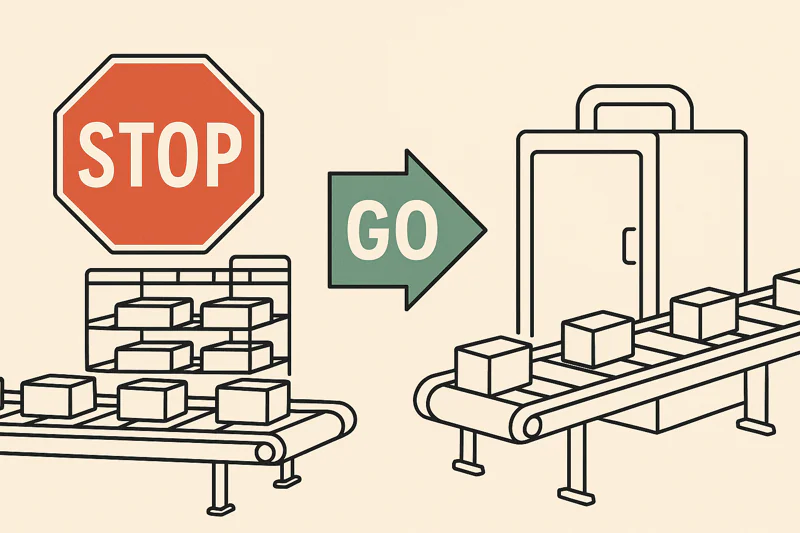 A dynamic graphic showing a production line with a red 'STOP' sign at the cooling rack area, which then transforms into a green 'GO' arrow with a vacuum cooler in its place.