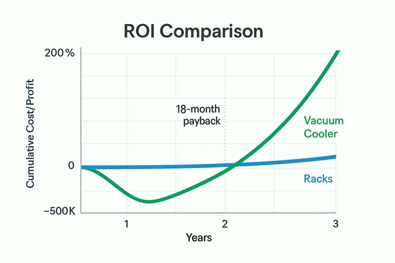 A simple line graph showing the cumulative cost/profit over 3 years. The 'Racks' line starts low and stays flat. The 'Vacuum Cooler' line starts with a big negative dip (the investment) but then rises steeply, crossing the other line at the 18-month mark and soaring upwards.