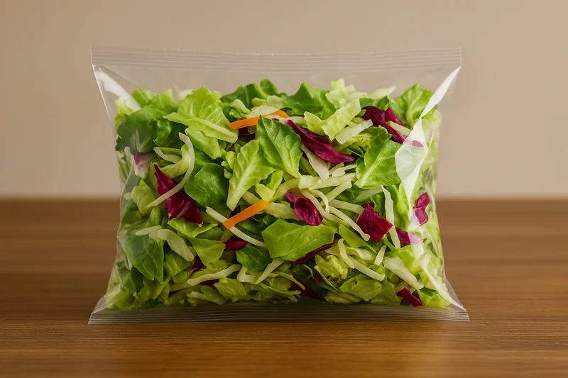 A close-up shot of a pristine, crisp salad mix visible through a clear, sealed bag with no condensation.