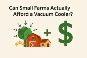 An informative graphic asking ‘Can small farms afford a vacuum cooler?’ featuring a red barn, green crops, and a large dollar sign to symbolize investment and affordability for small-scale farmers. The clean design highlights cost efficiency and the financial benefits of adopting compact vacuum cooling technology.