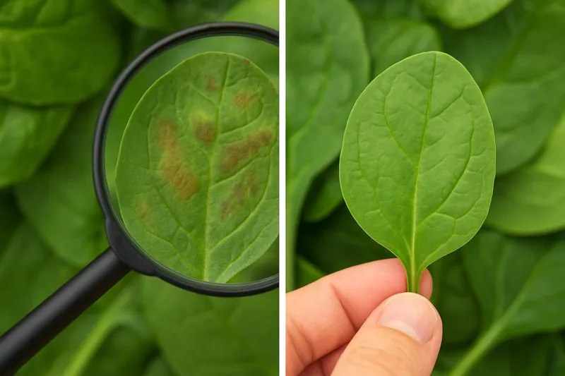 A split image: Left side shows a damaged, bruised spinach leaf under a magnifying glass. Right side shows a perfect, healthy spinach leaf.