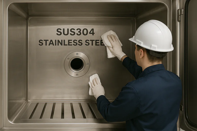 A photo showing a shiny, clean SUS304 stainless steel interior of a vacuum chamber, with a worker easily wiping it down.