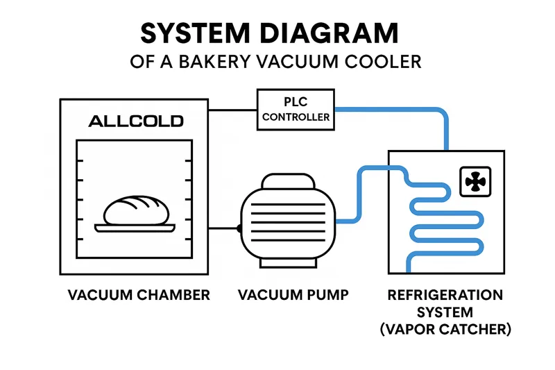 A schematic diagram of an allcold vacuum cooler, showing the chamber, vacuum pump, and refrigeration system (vapor catcher) all connected to a PLC controller.