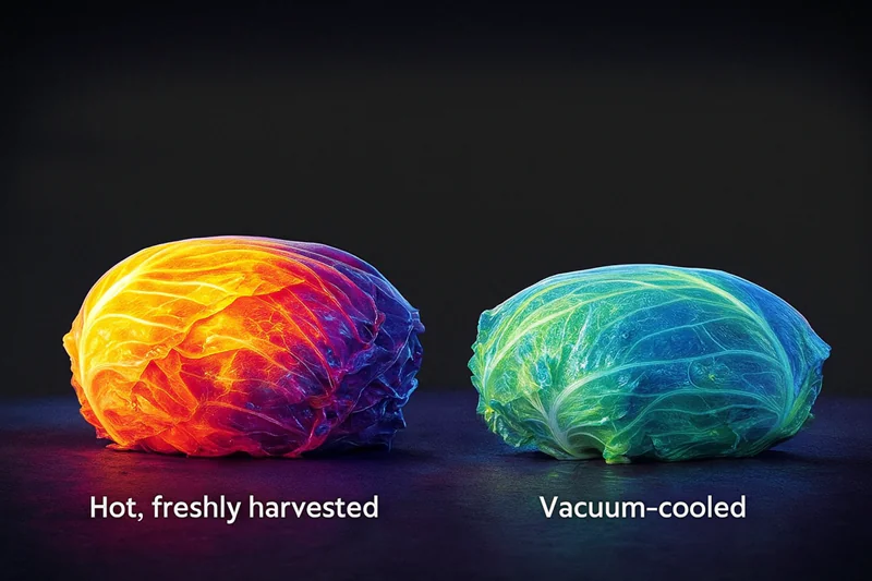 A thermal camera image showing the difference between a hot, freshly harvested vegetable (red and orange) and a vacuum-cooled one (blue and green).