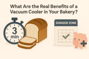 A bakery infographic titled “What Are the Real Benefits of a Vacuum Cooler in Your Bakery?”, showing icons for faster cooling time, improved bread quality, safer temperature control, and reduced operating costs.