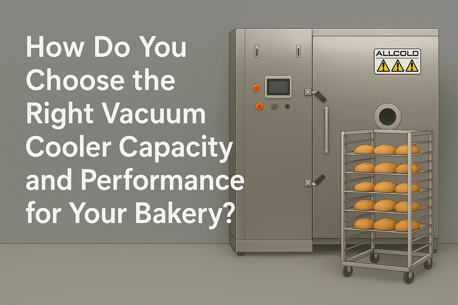 Vacuum cooler next to a bakery trolley filled with bread, illustrating how to choose the right vacuum cooler capacity and performance for bakery production
