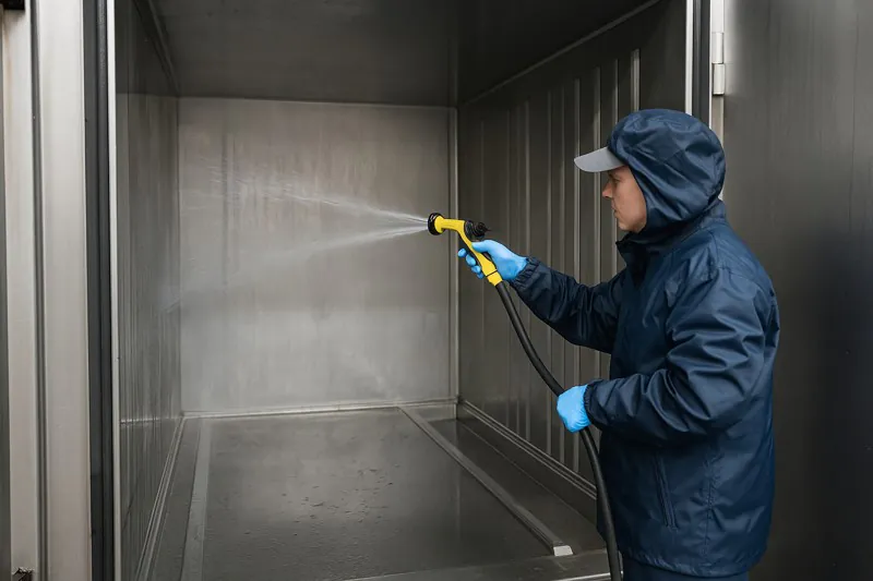 A worker in waterproof gear using a low-pressure hose to rinse the stainless steel interior of a vacuum cooler chamber.