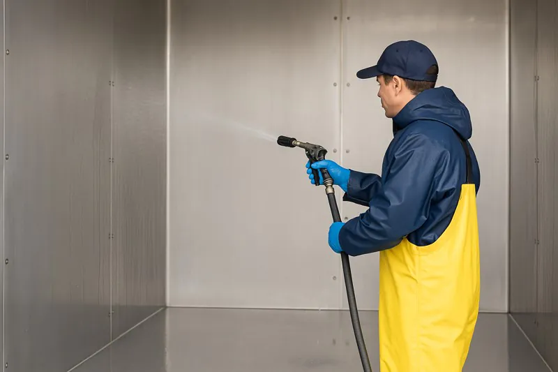 A worker in waterproof gear using a low-pressure hose to rinse the stainless steel interior of a vacuum cooler chamber.