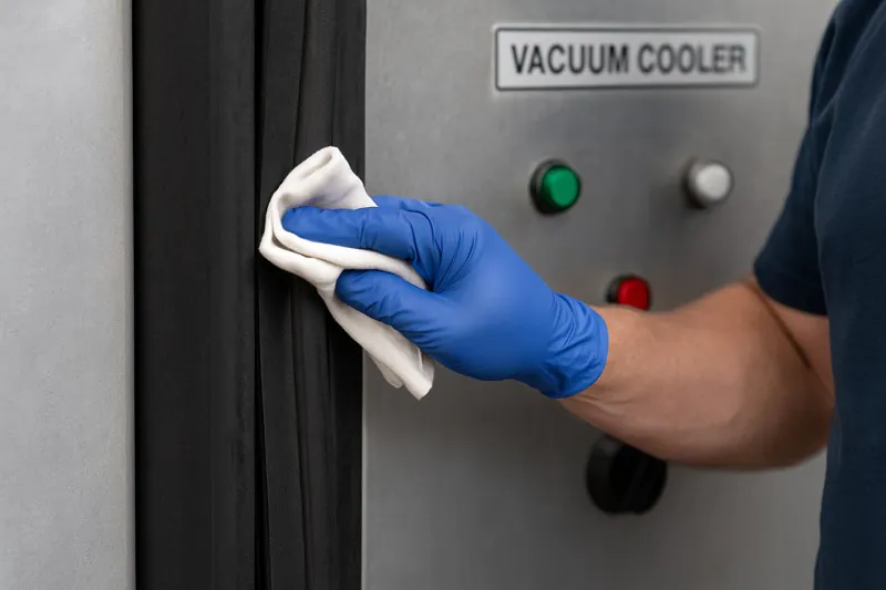 A close-up shot of an operator's gloved hand wiping a clean cloth along the black rubber door seal of a vacuum cooler.