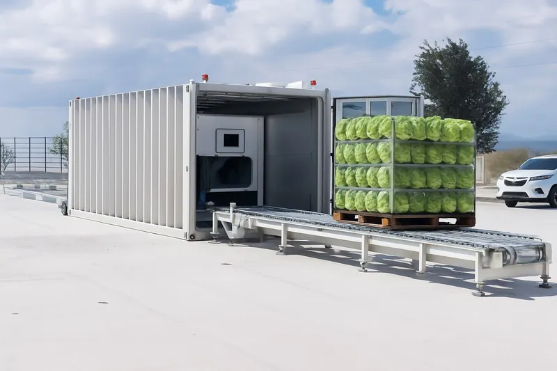A clean, modern 40-foot refrigerated container being loaded with perfectly uniform, crisp pallets of lettuce directly from a vacuum cooling facility.