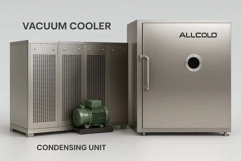 An engineer in a white lab coat standing next to an open Allcold vacuum cooler, pointing to the internal components with labels like 'Bitzer Compressor' and 'Siemens PLC' floating nearby.