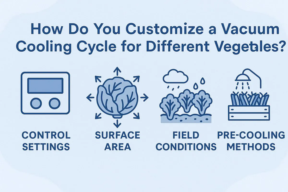 An educational infographic showing how vacuum cooling cycles are customized for different vegetables such as lettuce, broccoli, and mushrooms. It highlights adjustable parameters like pressure, temperature, and time with labeled icons and control settings, explaining how different produce types require tailored cooling cycles for optimal freshness and energy efficiency.