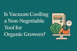 A clean and professional digital illustration showing an organic farm and fresh vegetables beside a modern vacuum cooling machine, symbolizing how vacuum cooling helps organic growers maintain freshness, quality, and shelf life from harvest to market.