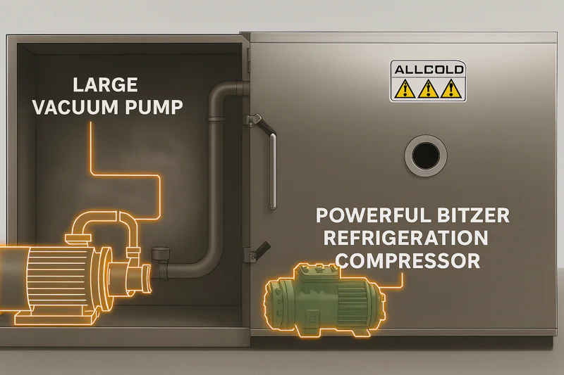 A cutaway view of a vacuum cooler, with glowing lines highlighting the two key components: a large vacuum pump and a powerful Bitzer refrigeration compressor.
