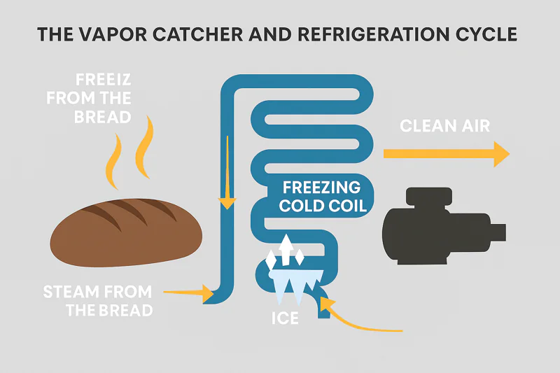 A technical diagram showing the flow of steam from the bread, hitting a freezing cold coil (vapor catcher), turning into ice, and clean air moving to the pump.