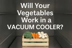 Fresh vegetables including broccoli, carrots, and mushrooms placed beside a stainless steel vacuum cooler, illustrating how different produce types perform in vacuum cooling systems for optimal freshness and post-harvest efficiency