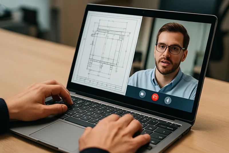 A photo of me, Mila, having a video call with a client, with an engineering drawing visible on the screen.