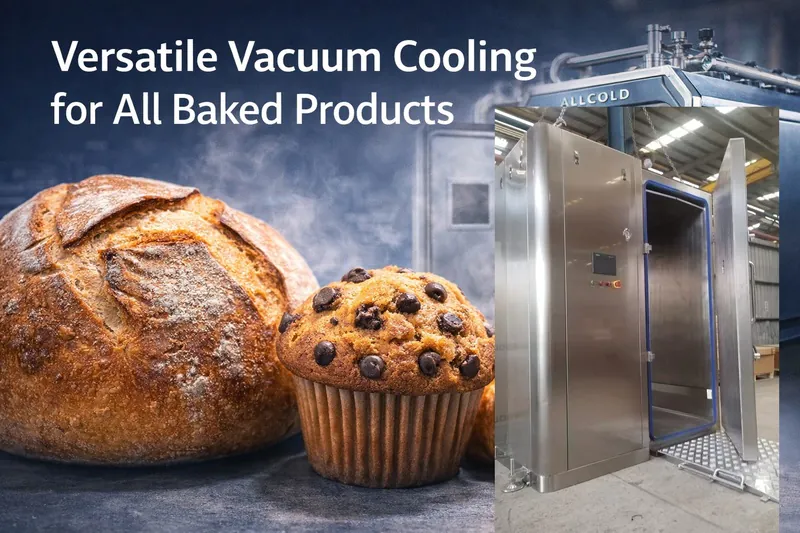 A collage of different baked goods—sourdough, a muffin, and a croissant—all displayed in front of a sleek Allcold vacuum cooler.