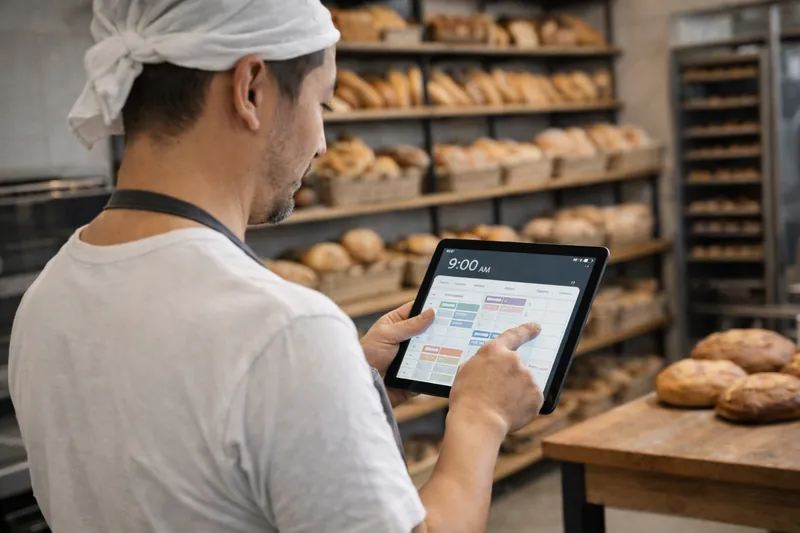 A photo of a baker peacefully checking a schedule tablet at 9 AM, with fully stocked shelves behind them.