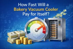 Infographic asking how fast a bakery vacuum cooler pays for itself, featuring a payback speedometer, cash and coins, and a commercial vacuum cooling machine with bread racks.