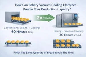 Infographic showing how bakery vacuum cooling machines can double production capacity by reducing total baking and cooling time from 60 minutes to 30 minutes.