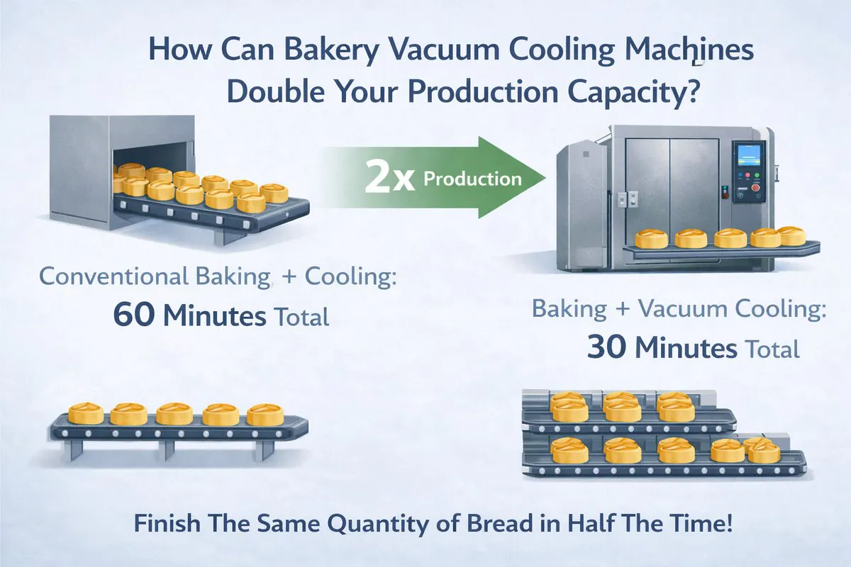 Infographic showing how bakery vacuum cooling machines can double production capacity by reducing total baking and cooling time from 60 minutes to 30 minutes.