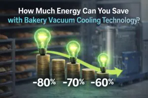 Infographic asking how much energy a bakery can save using vacuum cooling technology, showing estimated energy reduction percentages and a vacuum cooling machine in a bakery setting