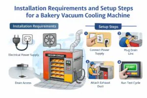 Infographic showing installation requirements and setup steps for a bakery vacuum cooling machine, including site placement, electrical power, water connection, vacuum pump setup, and commissioning checklist.