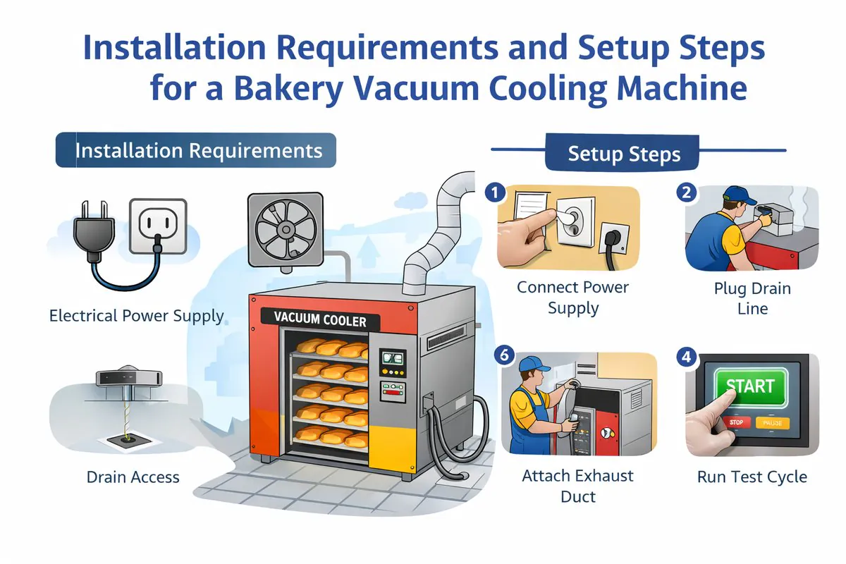 Infographic showing installation requirements and setup steps for a bakery vacuum cooling machine, including site placement, electrical power, water connection, vacuum pump setup, and commissioning checklist.