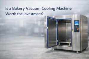 Bakery vacuum cooling machine with partially open door in an industrial facility, used to evaluate whether vacuum cooling is a worthwhile investment for commercial bakeries