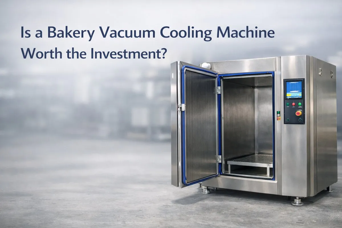 Bakery vacuum cooling machine with partially open door in an industrial facility, used to evaluate whether vacuum cooling is a worthwhile investment for commercial bakeries