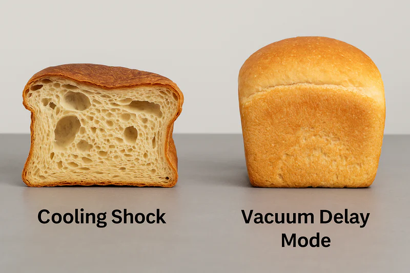 A side-by-side comparison photo: On the left, a collapsed loaf of bread labeled 'Cooling Shock'; on the right, a perfectly structured loaf labeled 'Vacuum Delay Mode'.