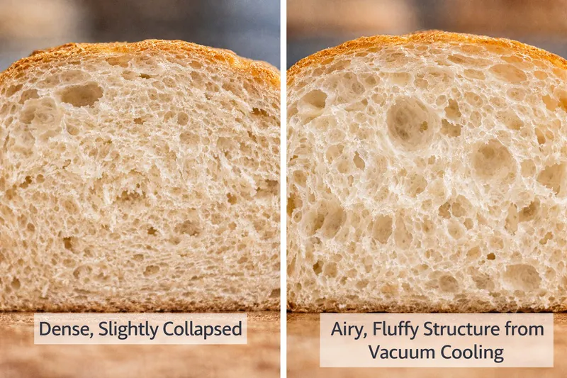Close up comparison of bread crumb texture. Left: Dense, slightly collapsed. Right: Airy, fluffy structure from vacuum cooling.