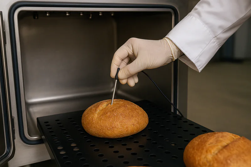 A photo of a baker inserting a metal core temperature probe into a loaf of bread inside the vacuum chamber.