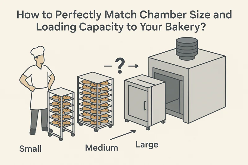 Illustration showing how to match vacuum chamber size with bakery loading capacity, featuring small, medium and large bread trolleys next to a cooling chamber.
