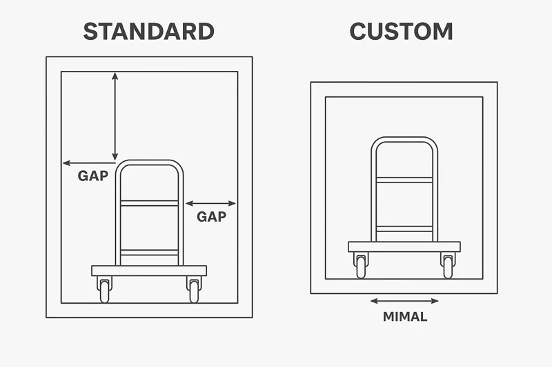 A technical drawing showing a side-by-side comparison of a 'Standard' chamber vs. a 'Custom' chamber, with the custom one fitting a trolley perfectly with minimal gap.