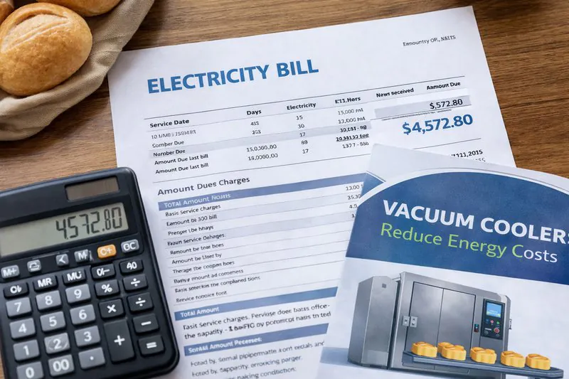 A close-up photo of an electricity bill on a bakery desk, with a calculator and a vacuum cooler brochure next to it.