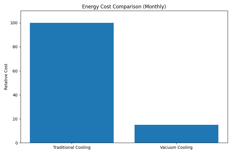 A bar chart comparing monthly energy costs: A tall bar for 'Traditional Cooling' and a very short bar for 'Vacuum Cooling'.
