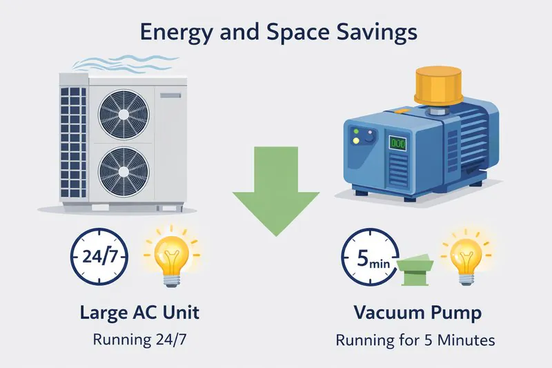 An infographic comparing energy consumption: A large AC unit running 24/7 vs. a Vacuum Pump running for 5 minutes.