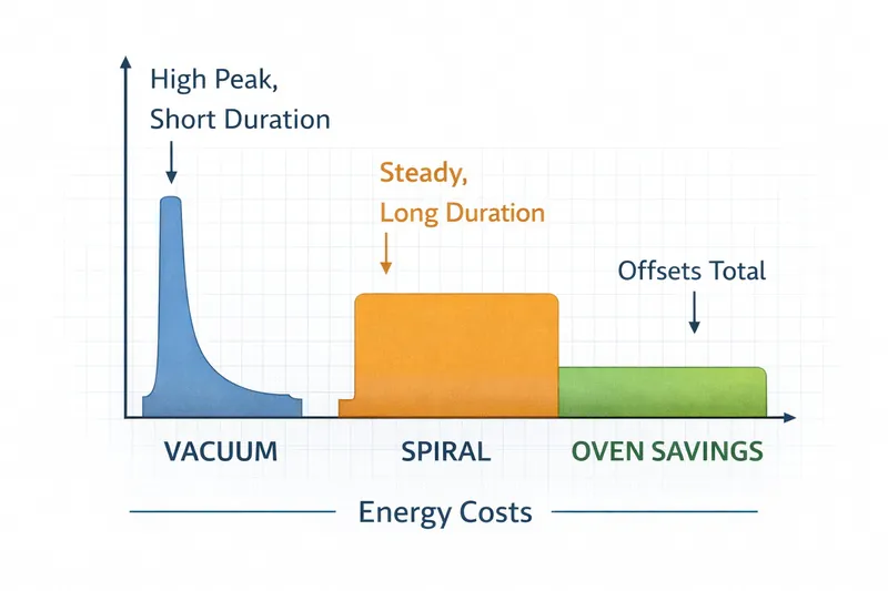 Bar graph comparing energy costs. The Vacuum bar shows high peak but short duration. The Spiral bar shows steady long duration. The Oven Savings bar offsets the total.