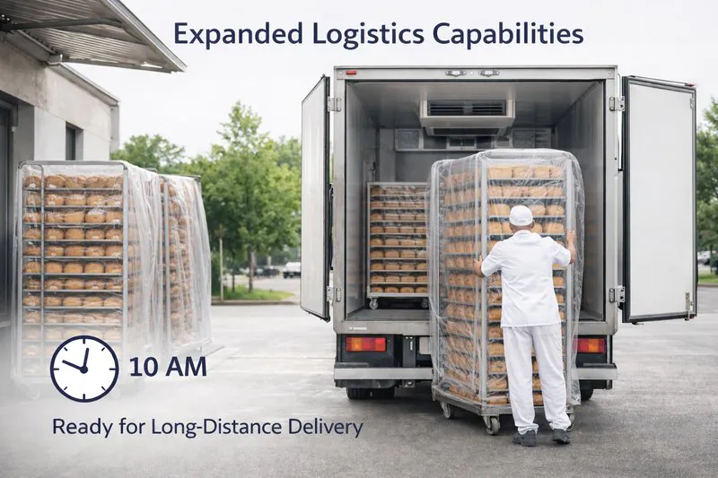 A delivery truck being loaded with fresh bread at 10 AM, ready for a long-distance delivery.