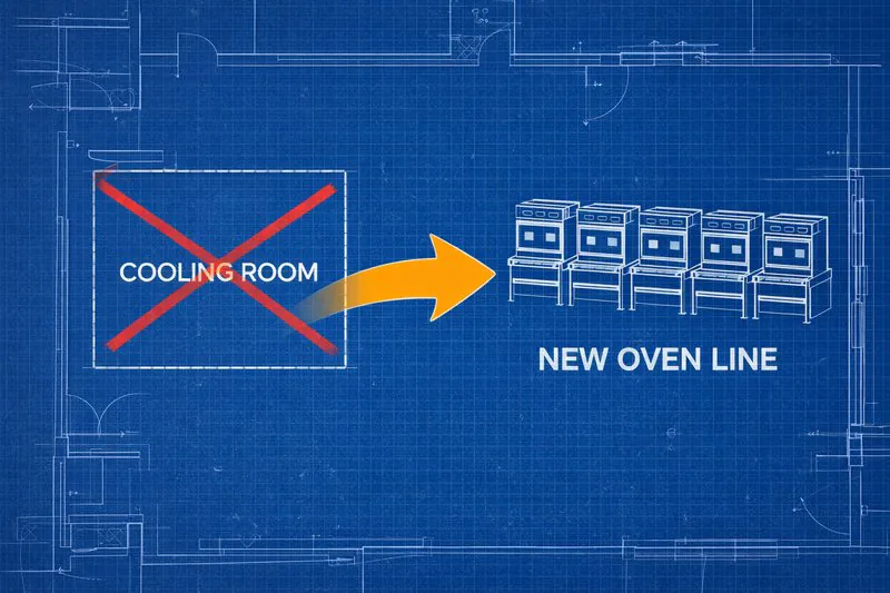A blueprint showing a large 'Cooling Room' being crossed out and replaced with 'New Oven Line', indicating space optimization.