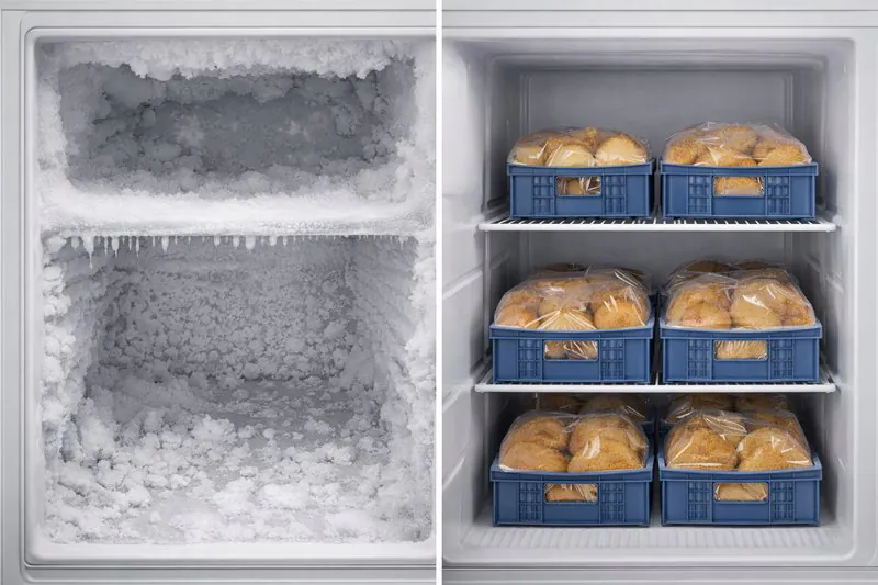 A side-by-side photo: One freezer full of ice crystals and frost (overworked), and one clean, efficient freezer holding vacuum-cooled products.