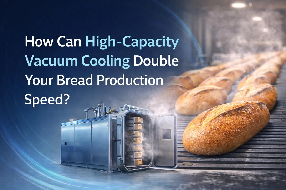 Banner showing a high-capacity vacuum cooler and steaming loaves of bread, explaining how vacuum cooling doubles bread production speed.