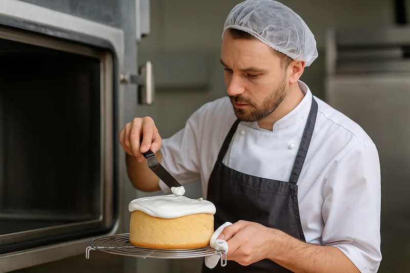 A photo of a baker applying icing to a cake immediately after removing it from the vacuum cooler.