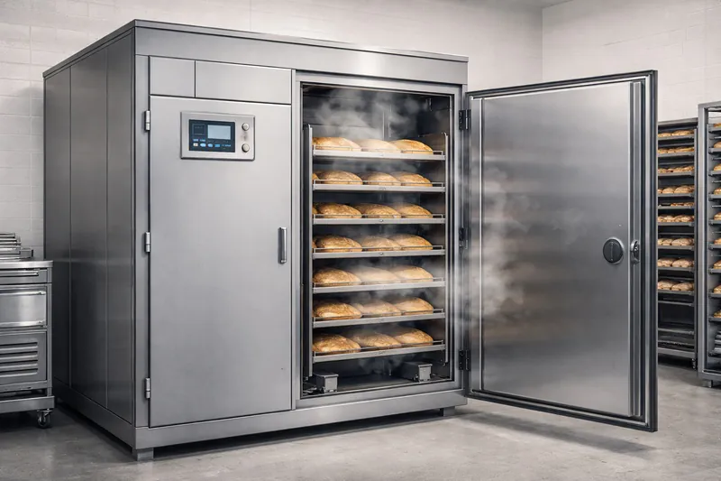 A sleek, stainless steel industrial vacuum cooling chamber in a modern bakery, door open revealing racks of steaming bread.