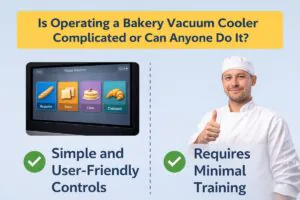 Infographic showing that operating a bakery vacuum cooler is easy, featuring a simple touchscreen recipe selection panel and a baker giving a thumbs-up to highlight minimal training required