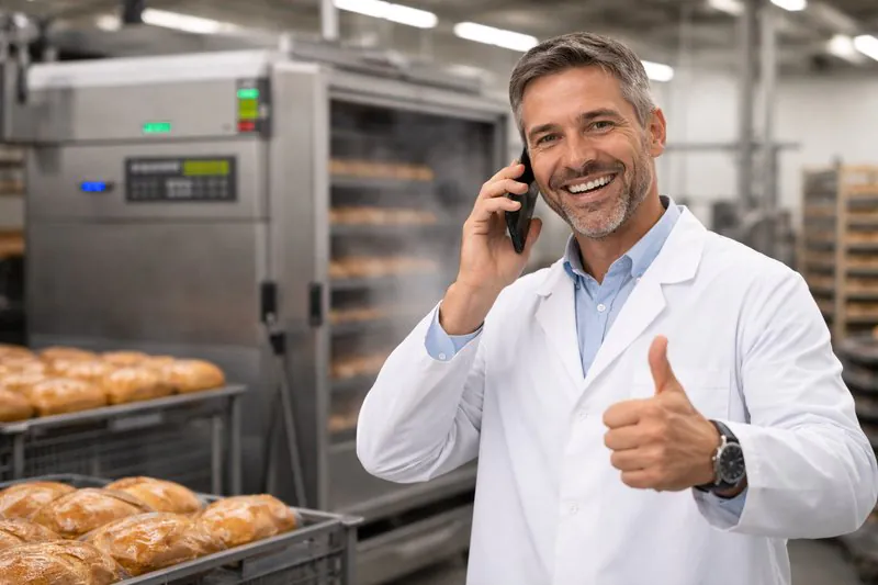 A photo of a bakery manager on the phone giving a 'thumbs up', with a vacuum cooler running in the background.